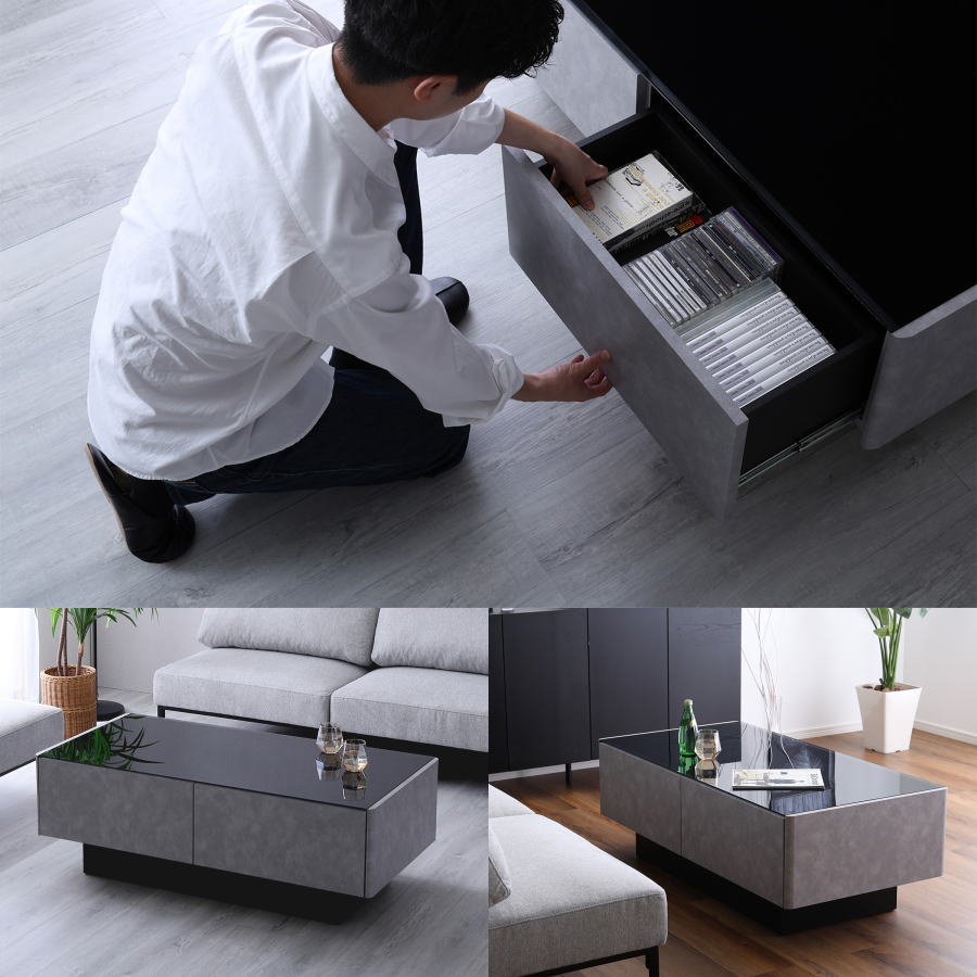 テーブル ローテーブル リビングテーブル センターテーブル 幅120cm 国産 日本製 強化ガラス 収納 大川家具 モルタル コンクリート 石目 おしゃれ【30】