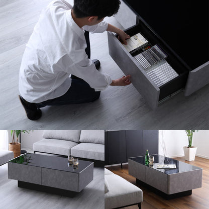 テーブル ローテーブル リビングテーブル センターテーブル 幅120cm 国産 日本製 強化ガラス 収納 大川家具 モルタル コンクリート 石目 おしゃれ【30】